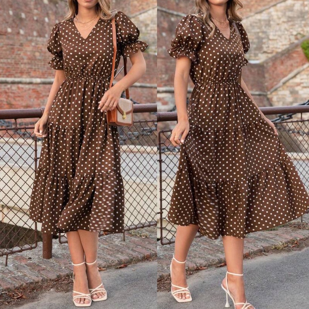 Brown White Polka Dot Tiered Midi Dress Womens Size Large Bohemian Boho‎ NEW